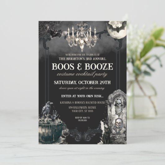 Grappige Mummy Bats Halloween Boos & Booze Party Kaart (Staand voorkant)