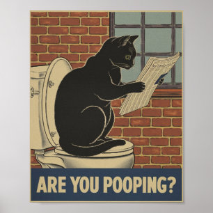 Grappige muurkunst - poep je? Kat op het toilet Poster