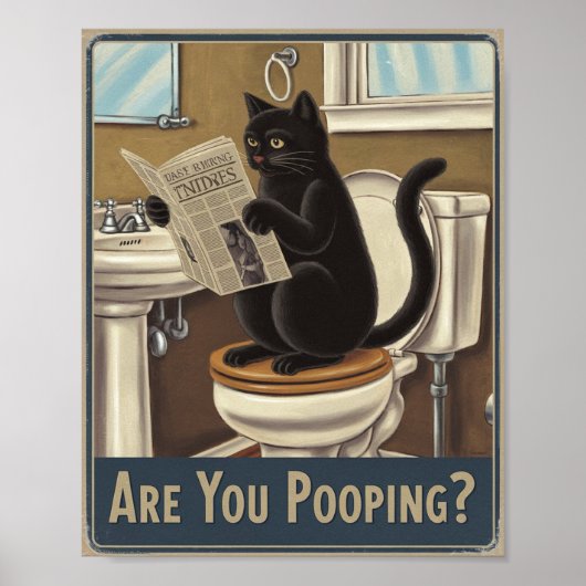 Grappige muurkunst - poep je? Kat op het toilet Poster (Voorkant)