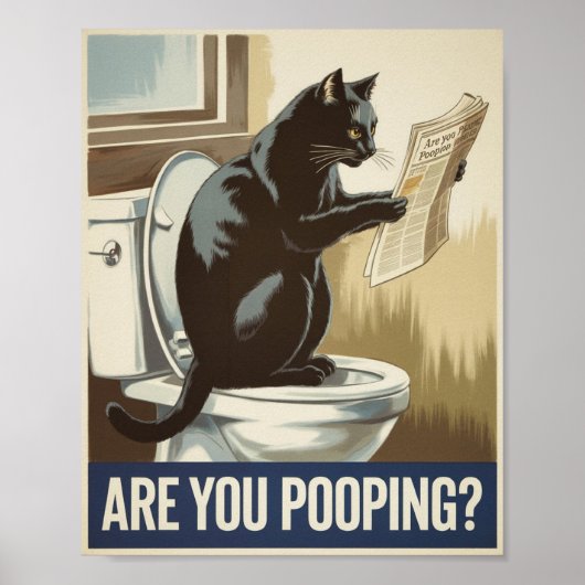 Grappige muurkunst - poep je? Kat op het toilet Poster (Voorkant)
