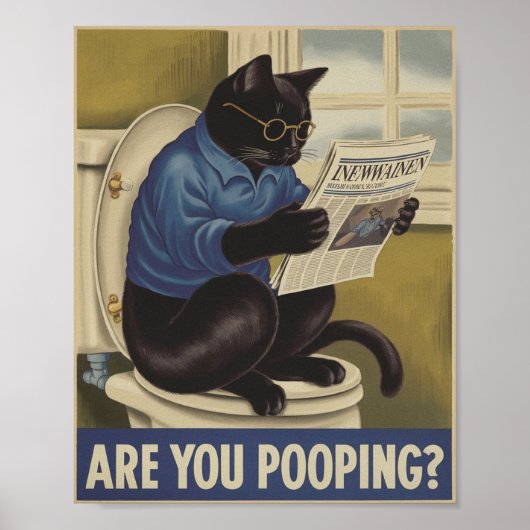 Grappige muurkunst - poep je? Kat op het toilet Poster (Voorkant)
