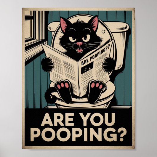 Grappige muurkunst - poep je? Kat op het toilet Poster (Voorkant)