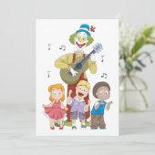 Grappige muzikale clown met dansende kinderen kaart (Staand voorkant)