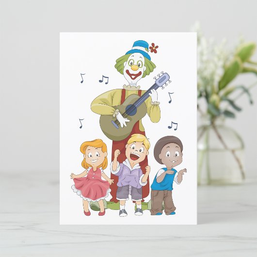 Grappige muzikale clown met dansende kinderen kaart