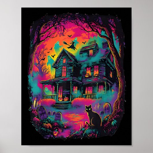 Grappige Neon S Ghost Black Cat Witch Halloween Poster (Voorkant)