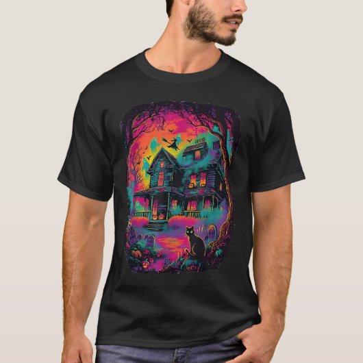 Grappige Neon S Ghost Black Cat Witch Halloween T-shirt (Voorkant)