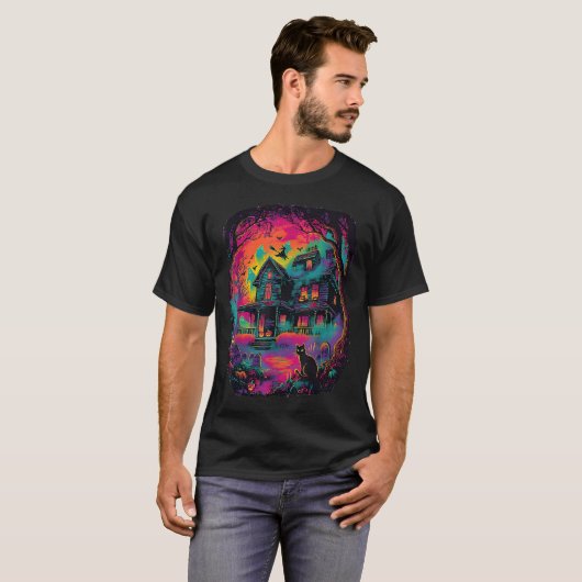 Grappige Neon S Ghost Black Cat Witch Halloween T-shirt (Voorkant volledig)