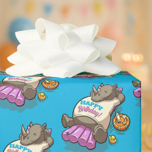Grappige Neushoorn Gelukkige Verjaardag! Zwembad F Cadeaupapier