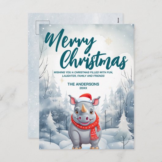 Grappige Neushoorn Vrolijk Kerstmis boom sneeuw Va Feestdagenkaart (Voorkant / Achterkant)