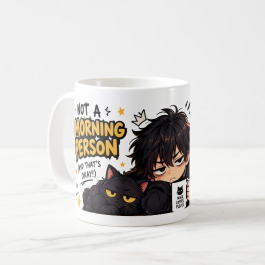 Grappige Niet 's Ochtends Mens Coffee Chibi Kat Koffiemok (Voorkant links)