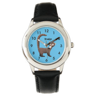 Grappige nieuwsgierige coati cartoonillustratie horloge