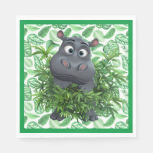 Grappige Nijlpaard Met Groene Palmbladeren Papiere Servet
