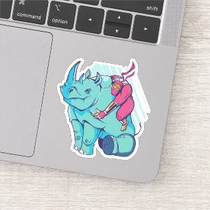 Grappige ninja die op neushoorn cartoon vorm rijdt sticker