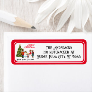 Grappige notenkraker familie van vijf rode kerst etiket