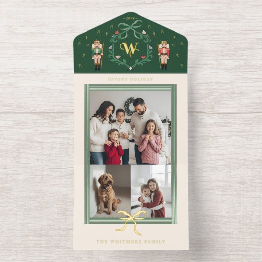 Grappige Notenkraker Kerst Monogram Bow Foto's All In One Uitnodiging (Binnenkant)