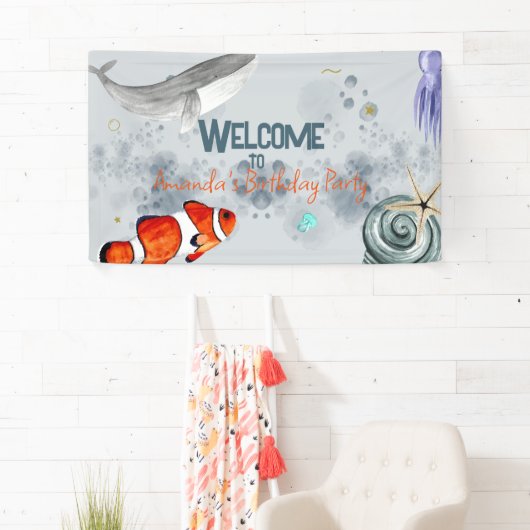 Grappige Ocean Animals Kids Verjaardagsfeestje Bla Spandoek (Insitu)