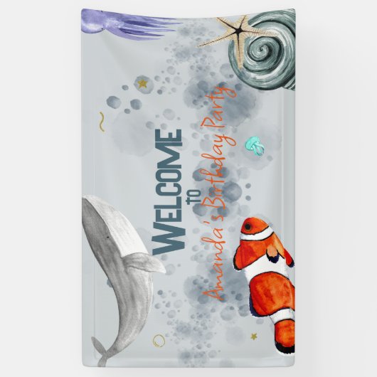 Grappige Ocean Animals Kids Verjaardagsfeestje Bla Spandoek (Verticaal)