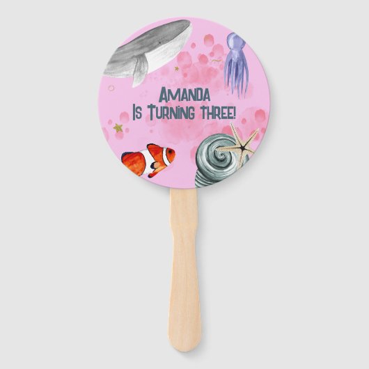 Grappige Ocean Animals Kids Verjaardagsfeestje Roz Handwaaier (Voorkant)