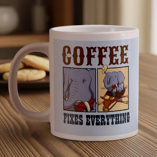 Grappige olifantenkoffie repareert alles Cartoon Grote Koffiekop
