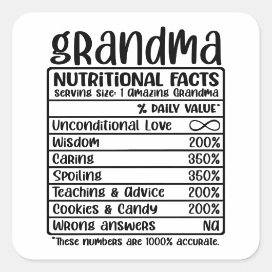 Grappige Oma Voedingsfeiten | Lieve Grootouder Vierkante Sticker (Voorkant)