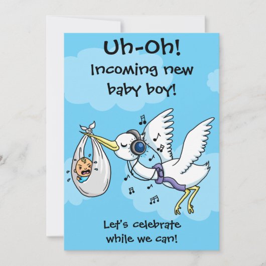 Grappige ooievaar en schreeuwend baby shower kaart (Voorkant)