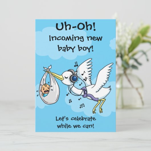 Grappige ooievaar en schreeuwend baby shower kaart (Staand voorkant)