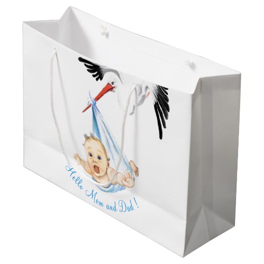 Grappige ooievaar met Baby geschenkzak - aangepast Groot Cadeauzakje (Voorkant Gekanteld)