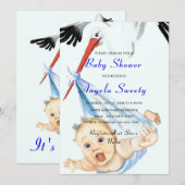 Grappige Ooievaar met Baby Jongen Shower Uitnodigi (Voorkant / Achterkant)