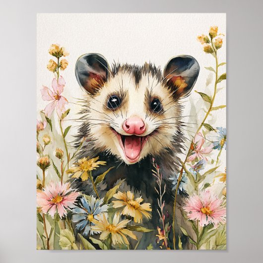 Grappige Opossum in Bloemen – Waterverf Stijl Poster (Voorkant)