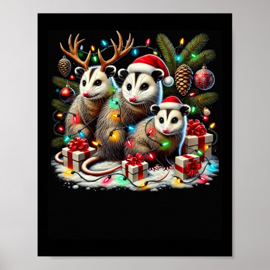 Grappige Opossums In Kerstverlichting Vakantie Pos Poster (Voorkant)