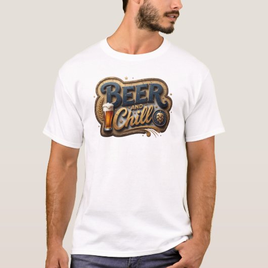 Grappige Oranje BIER EN CHILL Print T-shirt (Voorkant)
