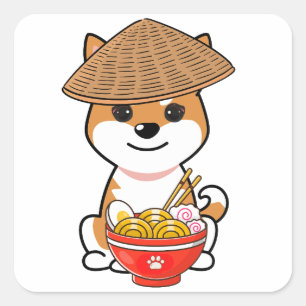 Grappige oranje hond eet noedels vierkante sticker