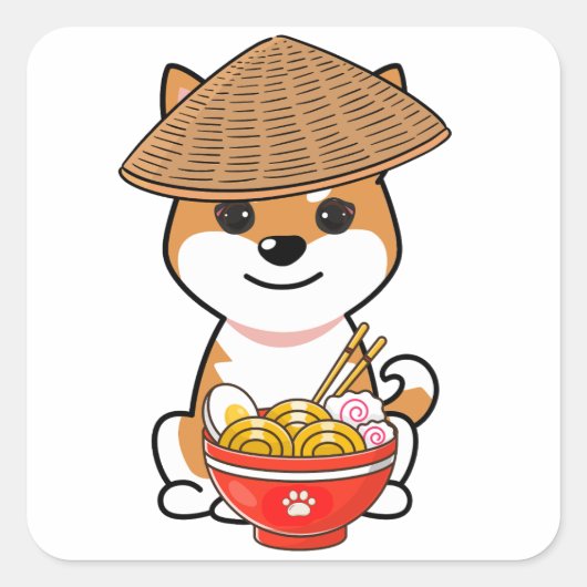 Grappige oranje hond eet noedels vierkante sticker (Voorkant)