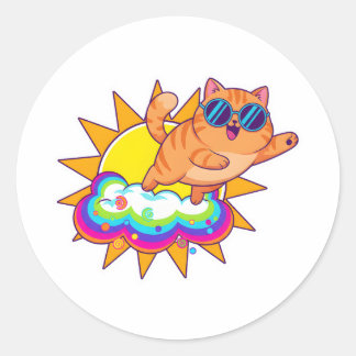 Grappige Oranje Kat Blep Tong Uit Regenboog Wolk Ronde Sticker