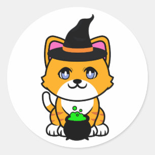 Grappige oranje kat is een heks ronde sticker
