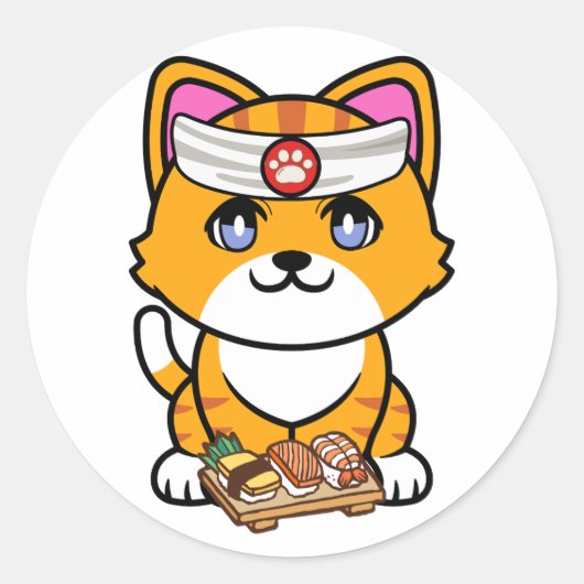 Grappige oranje kat is een sushi chef ronde sticker (Voorkant)
