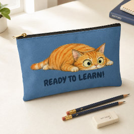 Grappige oranje kat klaar om te leren denim blauwe etui