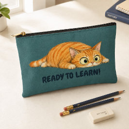 Grappige oranje kat klaar om te leren turquoise et etui