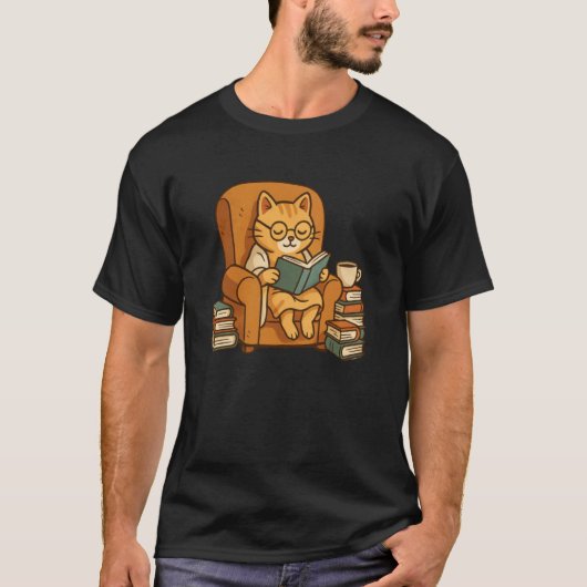 Grappige Oranje Kat Leest Boek T-shirt (Voorkant)