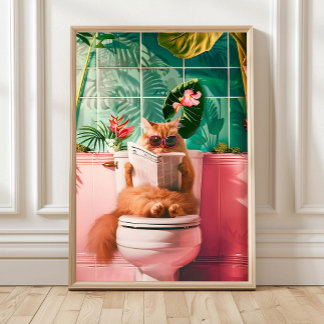 Grappige oranje kat op toilet badkamer print – Kat