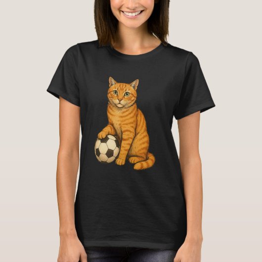 Grappige Oranje Kattenvoetbal T-shirt (Voorkant)