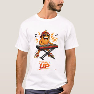 Grappige Oranje Toetsenbordspeler Karakter Muziek T-shirt