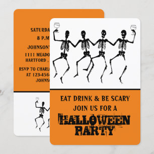 Grappige Oranje & Zwarte Dansende Skelet Halloween Kaart