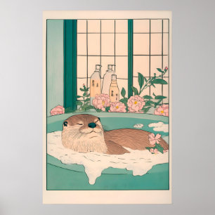 Grappige Otter-kunstprint, Ukiyo-e Japanse badkame Poster