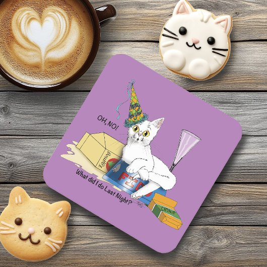Grappige Oud en Nieuw nasleep Witte Kat Kartonnen Onderzetters