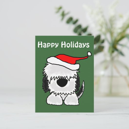 Grappige Oud-Engelse herdershond in Santa Hat Feestdagenkaart (Staand voorkant)