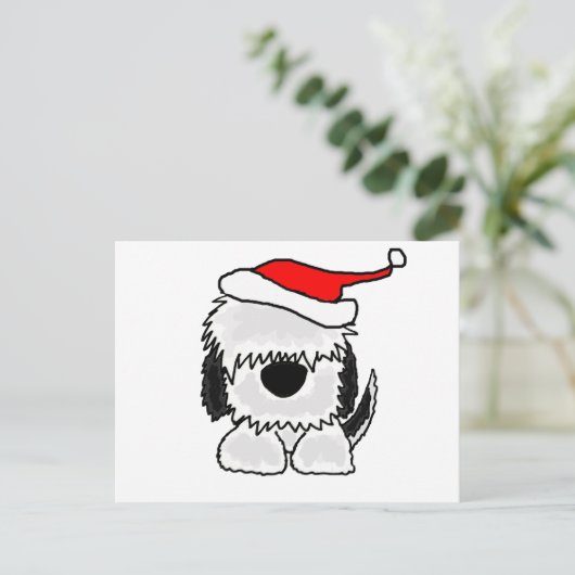 Grappige Oud-Engelse herdershond in Santa Hat Feestdagenkaart (Staand voorkant)