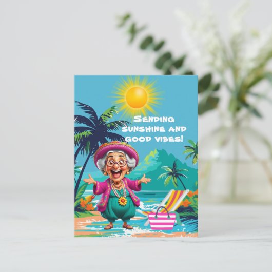 Grappige oude dame die zonneschijn en goede vibes briefkaart (Staand voorkant)