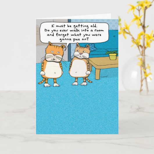 Grappige oude kat verjaardag Kaart (Gele Bloem)