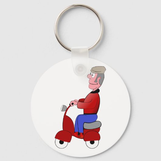 Grappige Oude Man op Rode Scooter Sleutelhanger (Voorkant)